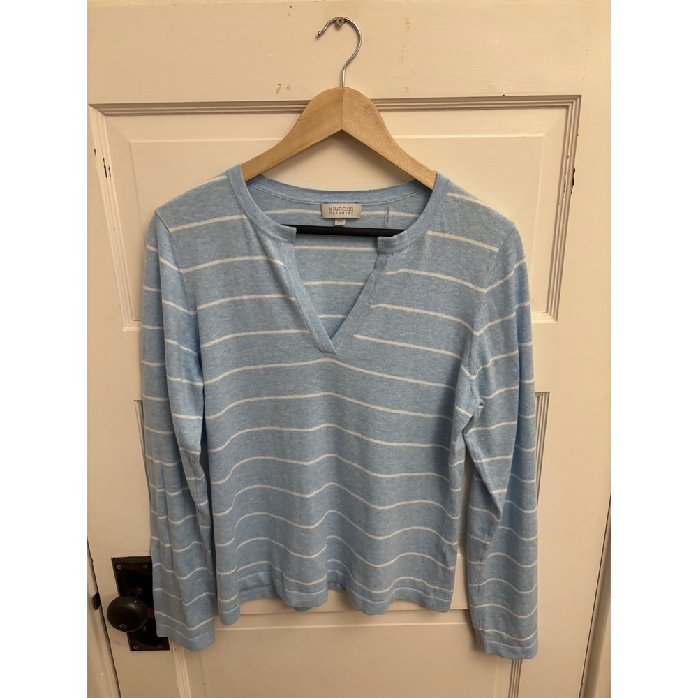Kinross Cashmere Women's Blue Striped Split Neck Top Size Large‎ $300